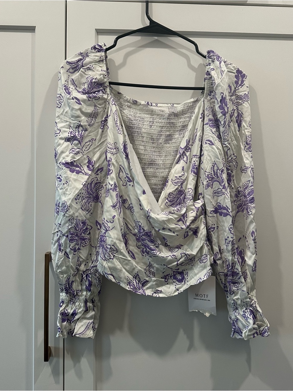 MOTF White and Lavender Floral Draped V-Neck Blouse